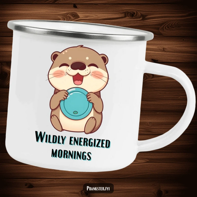 Funny camping mug with a jubilant otter squeezing a joy buzzer, perfect for outdoor laughs and warm beverages.