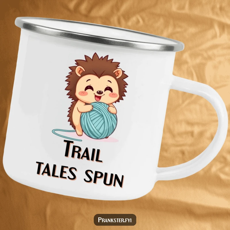 Funny camping mug with a cheerful hedgehog rolling a ball of yarn, perfect for outdoor crafting sessions and cozy drinks.