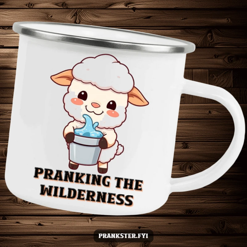 Funny Kawaii Sheep Camping Mug: A mischievous sheep grins, holding a bucket of water, perfect for festive outdoor drinks.