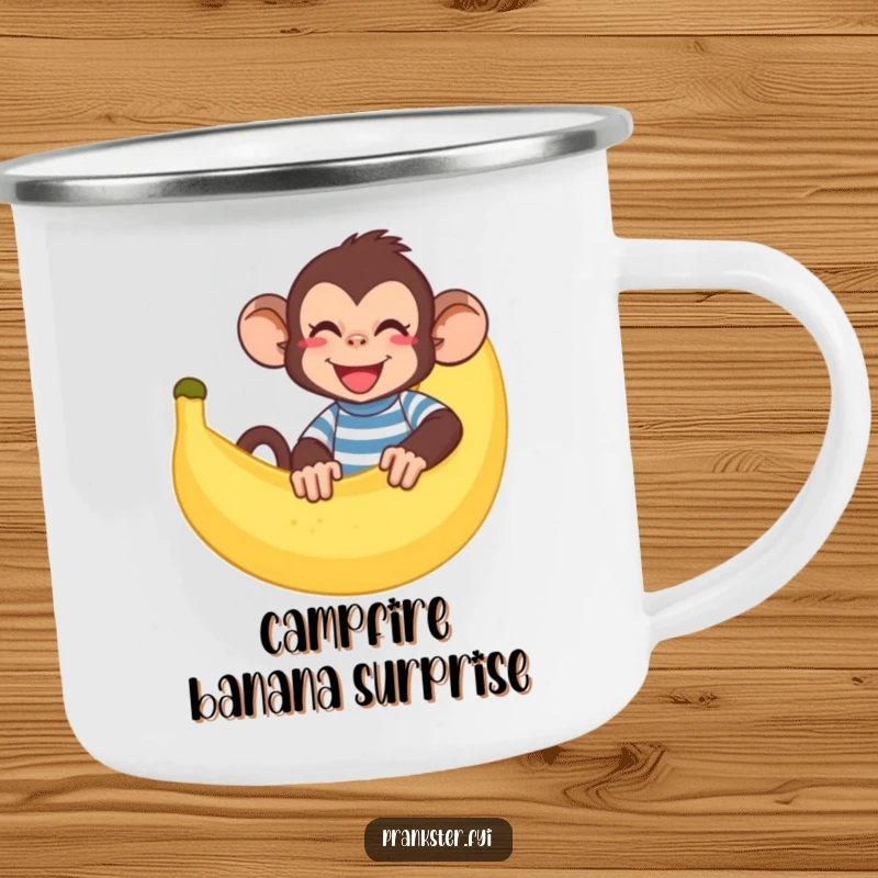 Funny monkey camping mug showing a giggling monkey hiding behind a large banana peel, durable and humorous.