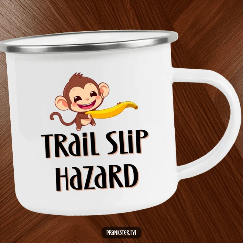 Funny Monkey Camping Mug featuring a mischievous monkey throwing a banana peel, durable and portable, symbolizing outdoor fun.