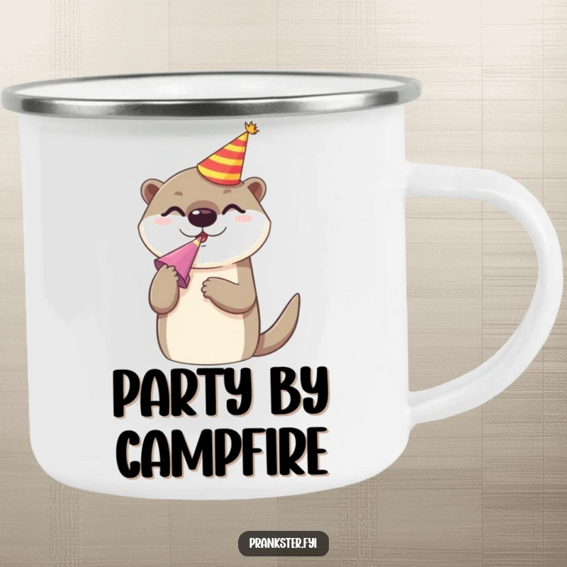 Funny camping mug featuring a cheerful otter in a party hat, blowing a noise maker, ready for outdoor celebrations and adventures.