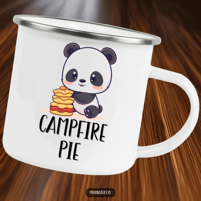 Funny camping mug showing a playful panda attempting to balance a stack of pies, great for outdoor enjoyment and a touch of fun.