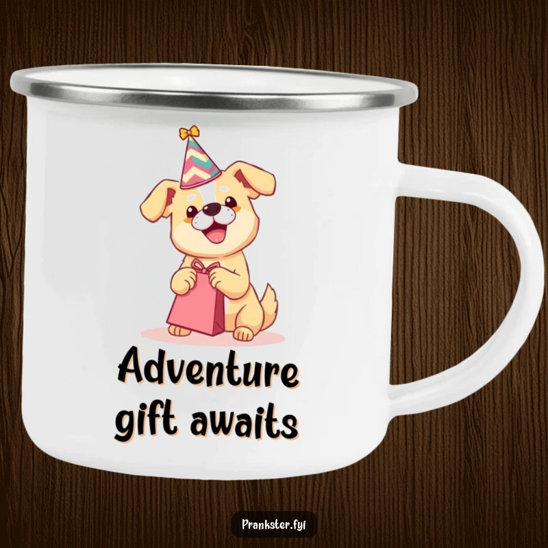Funny camping mug showing a party dog shaking a gift bag, perfect for adding humor to outdoor drinks.