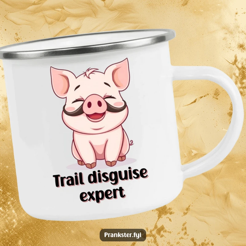 Funny camping mug with a giggling piglet, complete with a fake mustache and silly grin, perfect for enjoying drinks in nature.