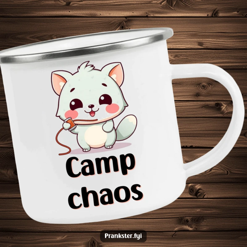 Funny camping mug with a gleeful animal character spraying silly string, perfect for adding fun to outdoor activities.