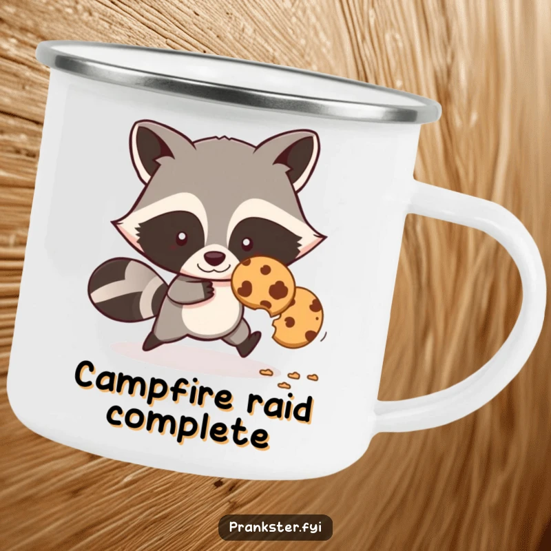 Funny camping mug with a sly cartoon raccoon stealing a cookie, perfect for outdoor mischief.