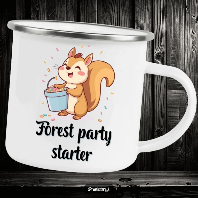 Funny squirrel camping mug with a playful character holding a bucket of confetti, ready to toss it upwards.