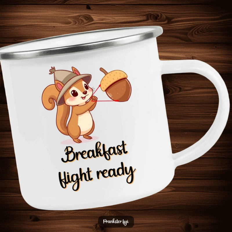 Funny squirrel slingshot camping mug, a durable mug with a squirrel in a hat launching an acorn, for humorous outdoor fun.