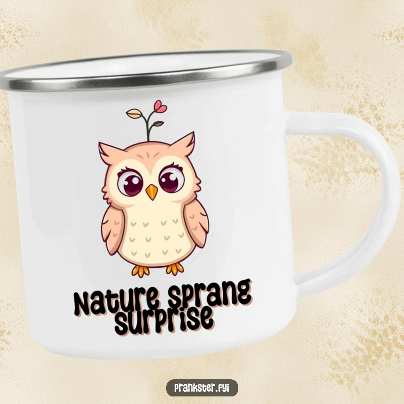 Funny camping mug with a wide-eyed, surprised owl and a spring popping from its hat, perfect for enjoying drinks in the great outdoors.