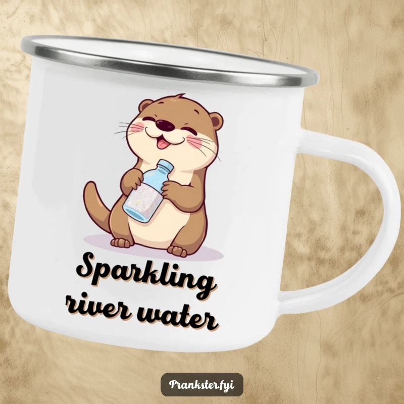Funny otter glitter camping mug, a durable mug with a giggling otter swapping glitter for water, for humorous outdoor fun.