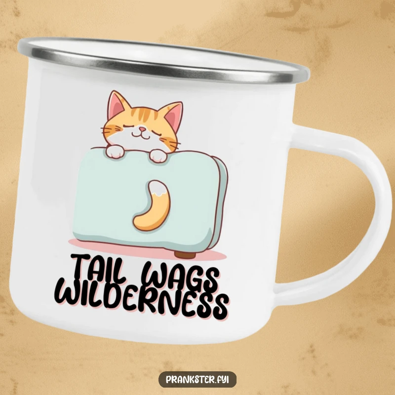 Funny camping mug showing a giggling cat's tail from behind a sofa, perfect for outdoor humor enthusiasts.