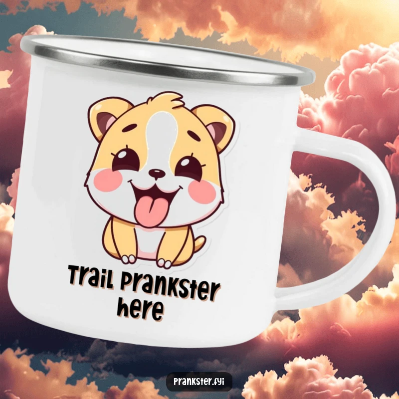 Funny Camping Mug featuring a happy animal sticking its tongue out playfully after a prank, perfect for outdoor funny mischief.