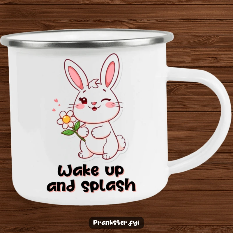 Funny camping mug with a cheerful bunny character winking mischievously, holding a squirting flower, ready for outdoor fun.