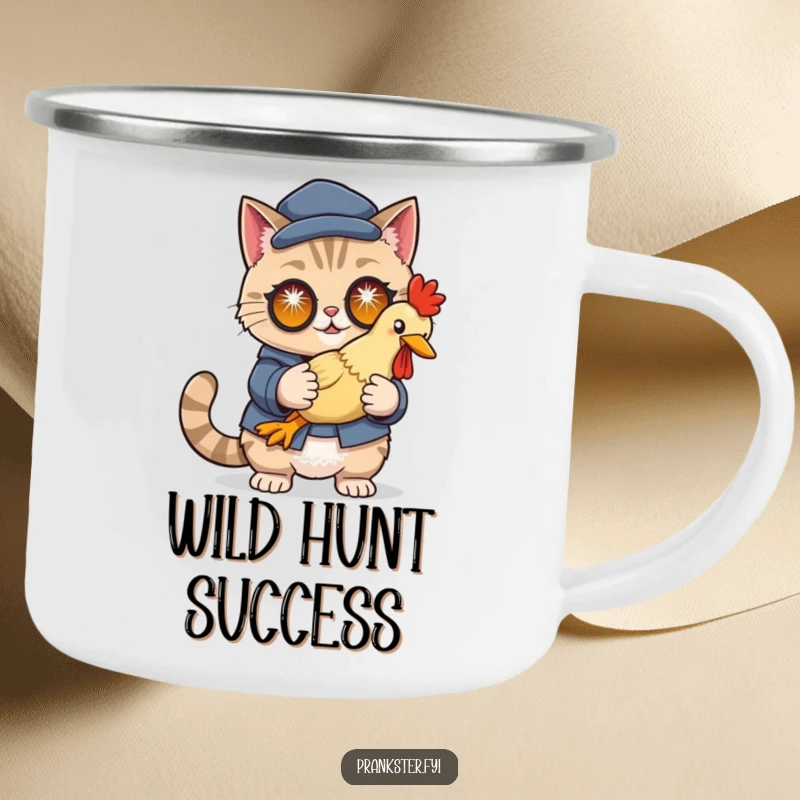 Funny camping mug with a cunning cat in disguise holding a rubber chicken with sparkling eyes, perfect for outdoor brews.