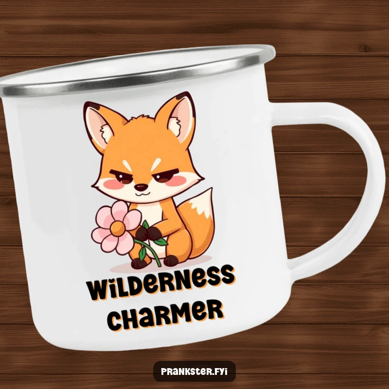 Funny camping mug showing a sly fox wiggling its eyebrows and holding a fake flower, perfect for outdoor cunning.