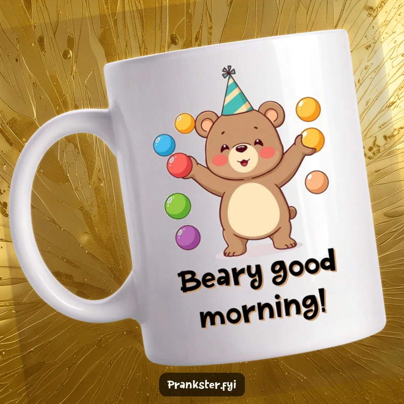Funny bear mug wearing a party hat, juggling colorful balls, symbolizing celebration and joy. A great gift.