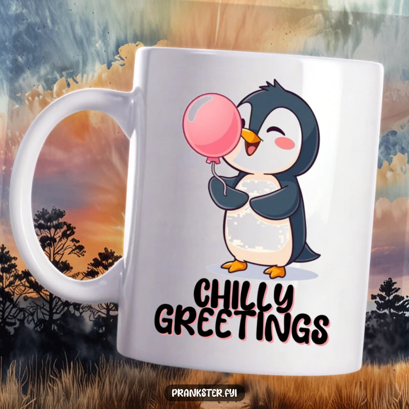 Funny penguin mug, cheerful bird launching a surprise water balloon, embodying playful mischief and aquatic fun.