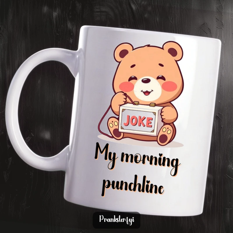 Funny mug with a smiling bear playfully tapping a string attached to a joke box. Humorous and playful.