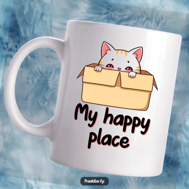 Funny mug featuring a delighted cat character hiding in a box, with only its eyes peeking out.