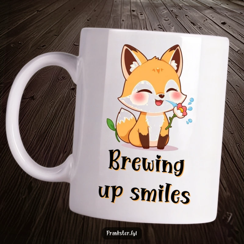 Funny fox mug with a giggling character playfully winking while squirting water from a flower.
