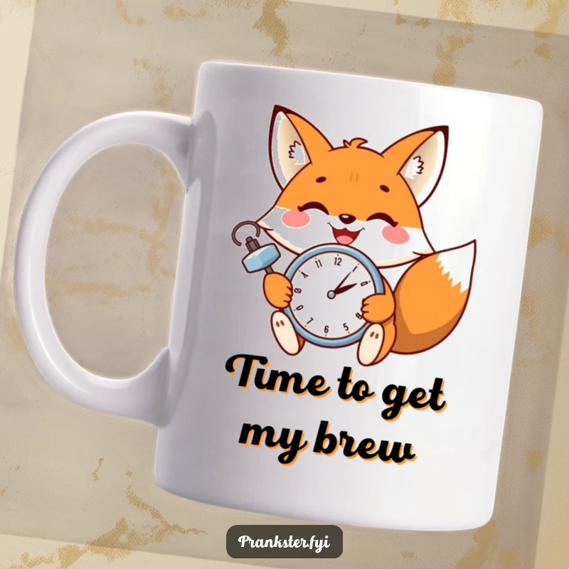 Funny fox mug with a wide grin setting a tiny clock, winking playfully, symbolizing punctuality and mischief.