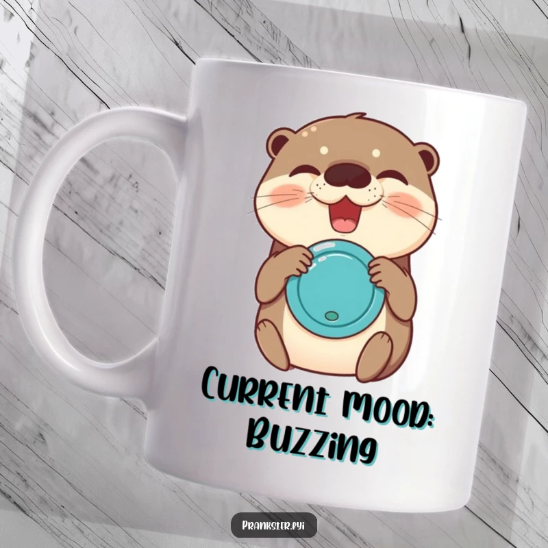 Funny mug showcasing a delighted otter squeezing a joy buzzer, radiating pure, infectious giggles and playful energy.
