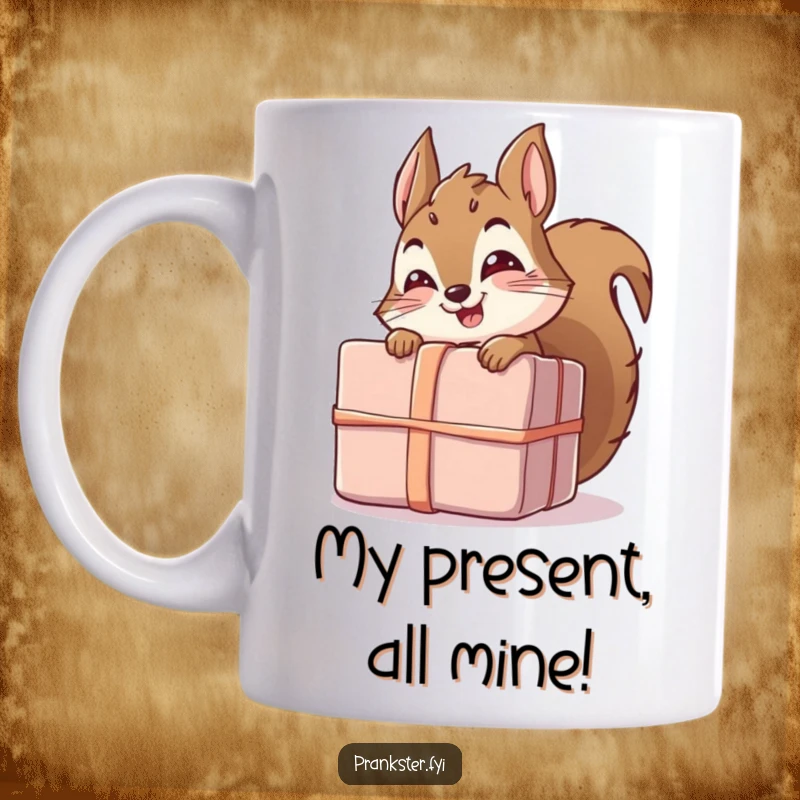Funny mug featuring a giggling squirrel character peeking from behind a large, unwrapped present, conveying playful excitement and humor.