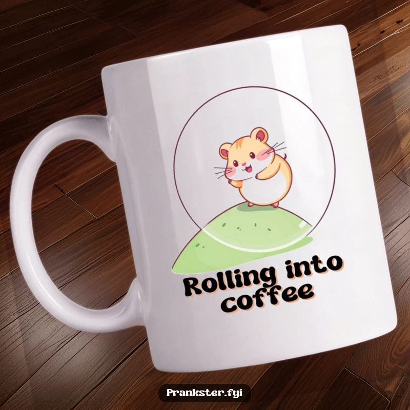 Funny Kawaii Hamster Mug rolling down a hill inside a giant plastic ball, showcasing adorable pet antics and pure joy, perfect for coffee lovers.
