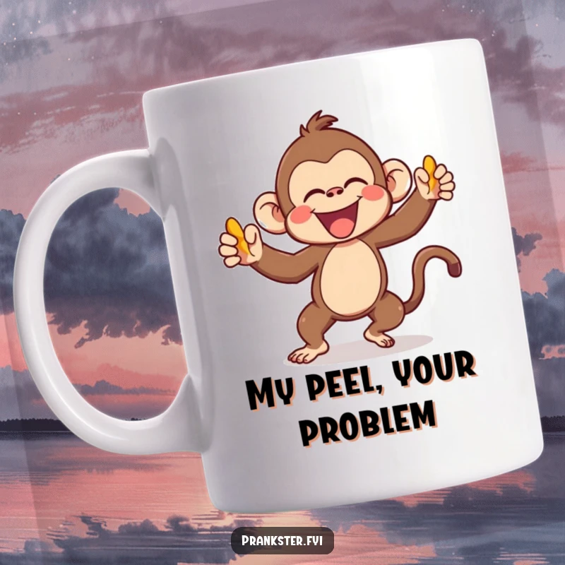 Funny Kawaii Monkey Muggle gleefully throwing a banana peel, ready for a hilarious prank, perfect for coffee lovers.