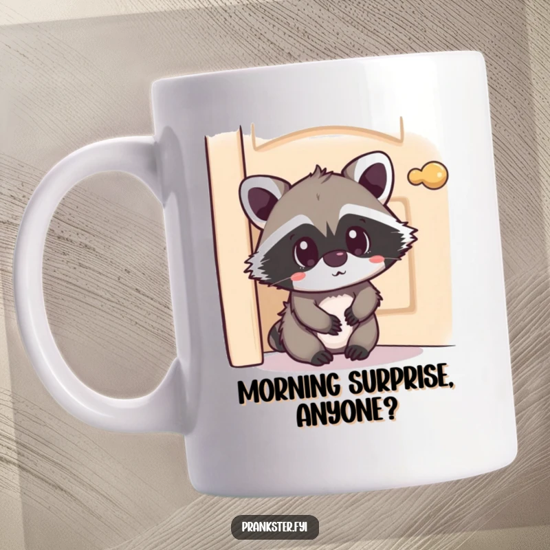 Funny Kawaii Raccoon Mug peeking from behind a door with a surprised expression, offering a cute and humorous surprise for coffee or tea lovers.