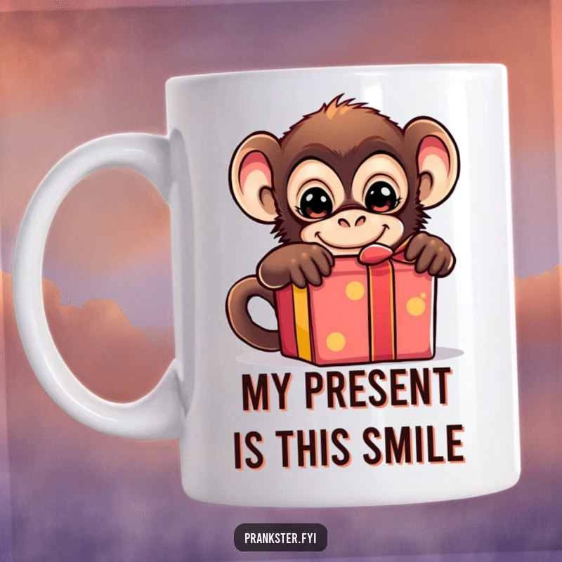 Funny mug with a mischievous monkey hiding behind a vibrant gift box, ready for a playful surprise.