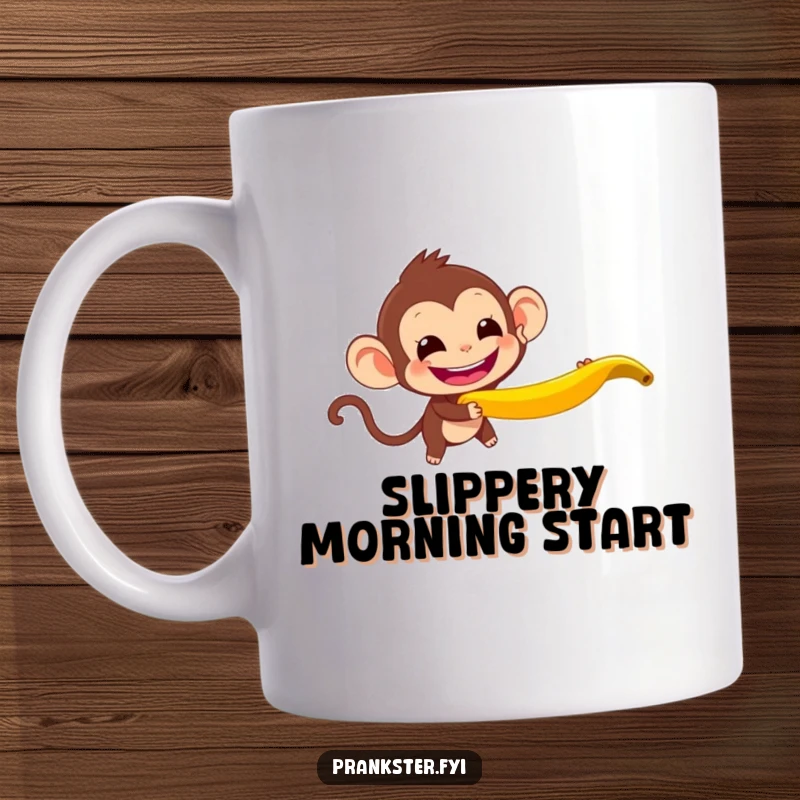 Funny Monkey Mug of a mischievous monkey throwing a banana peel with a wide grin, symbolizing playful chaos, a humorous gift.