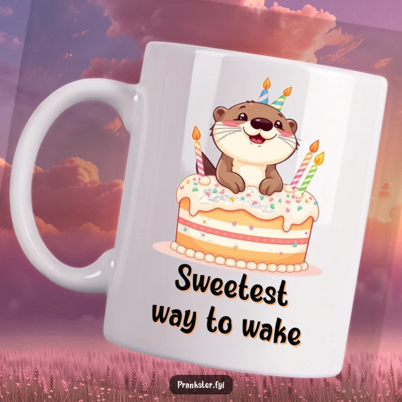 Funny mug with a giggling otter joyfully emerging from a giant, celebratory birthday cake.