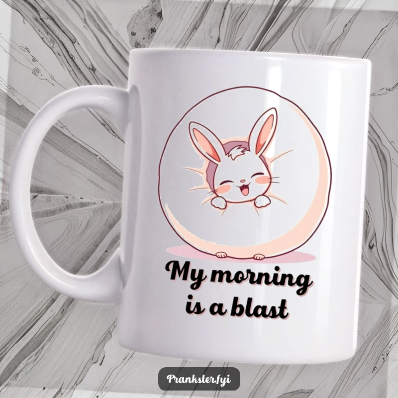 Funny rabbit mug, giggling behind a giant inflated whoopee cushion, showcasing playful mischief and humor.