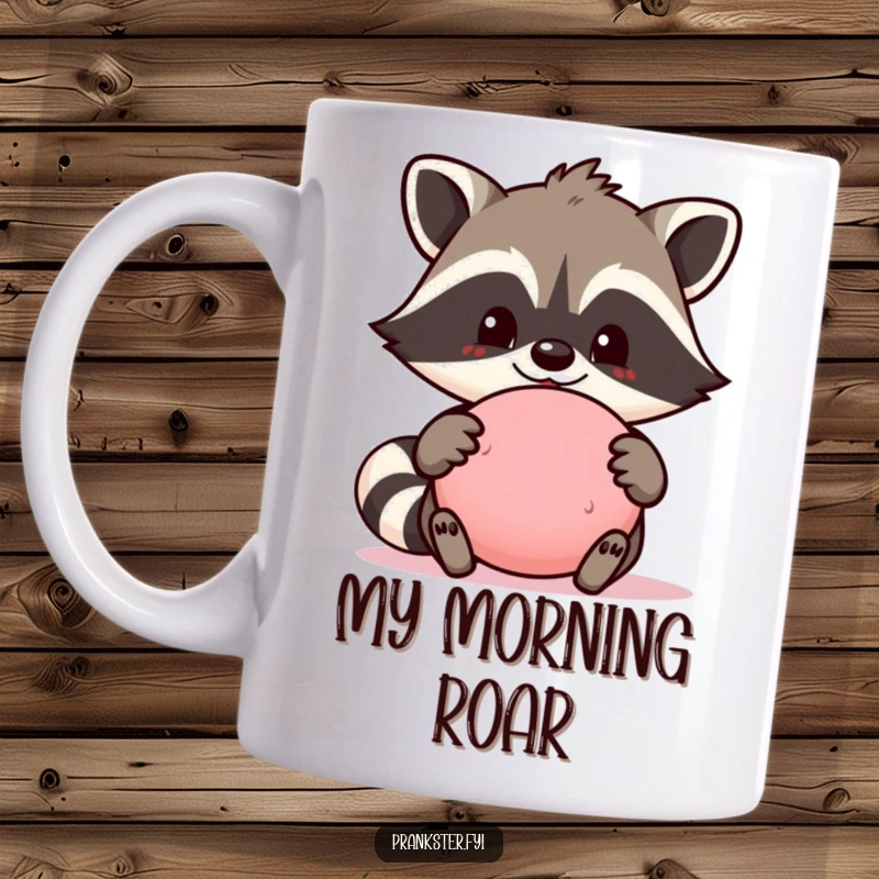 Funny mug featuring a smiling raccoon character proudly holding a whoopee cushion, embodying playful mischief and hilarious anticipation.