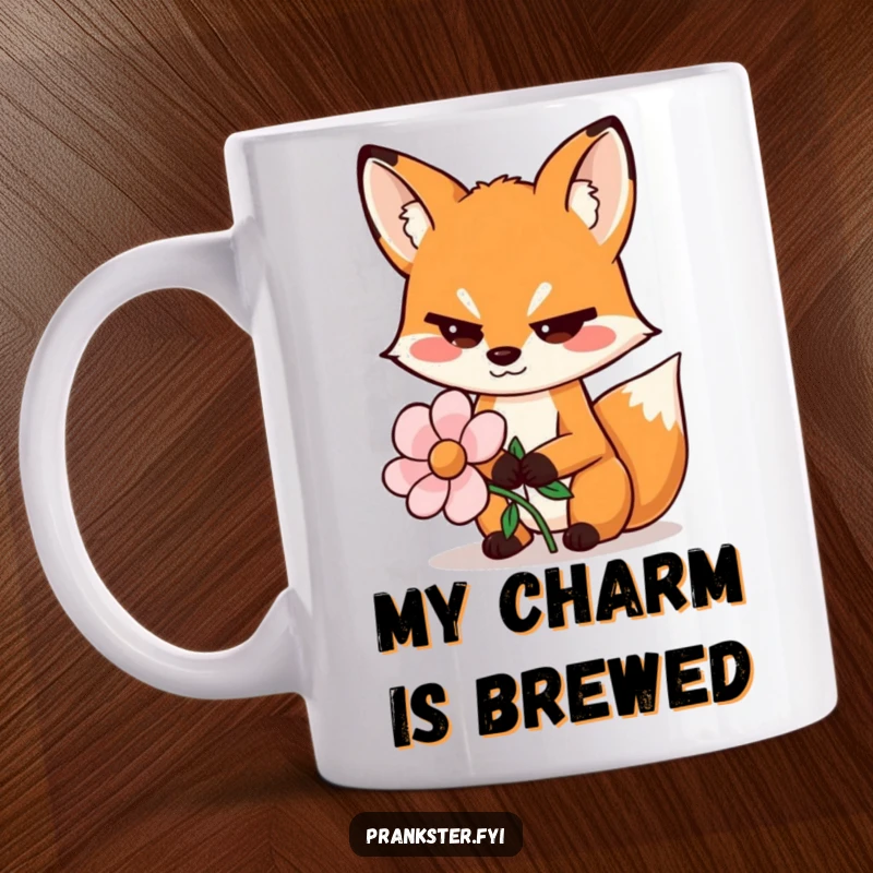 Funny mug showing a sly fox wiggling its eyebrows while holding a fake flower, exuding playful deception.