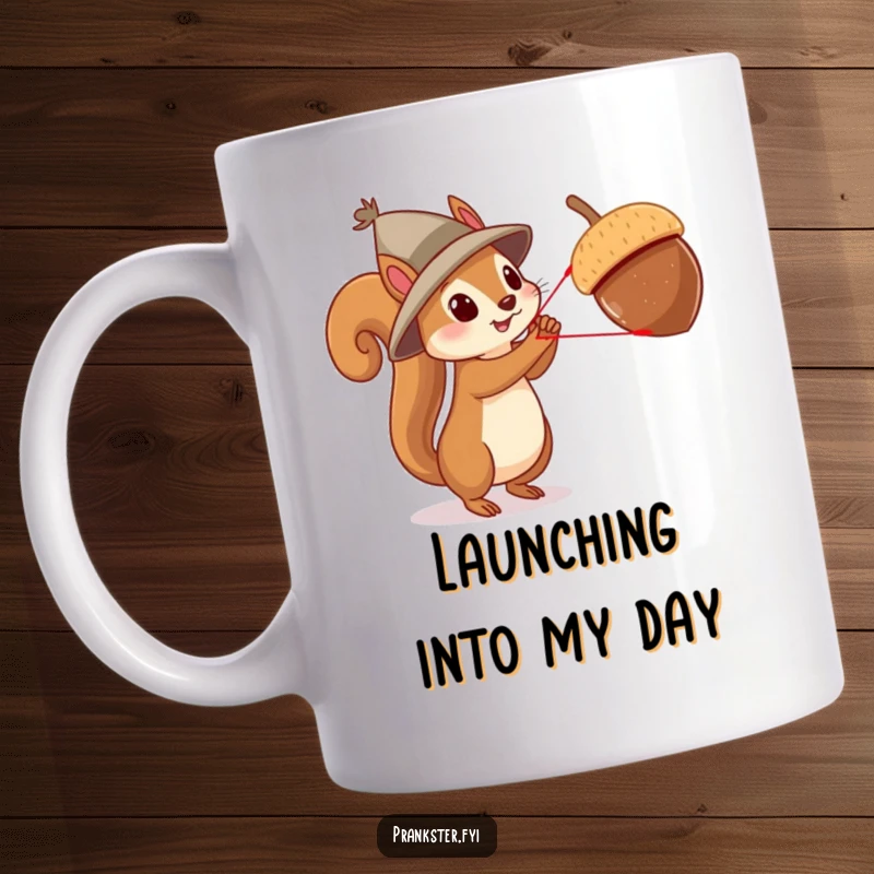 Funny squirrel acrobat mug, a squirrel in a tiny hat launching an acorn with a slingshot, embodying playful mischief.