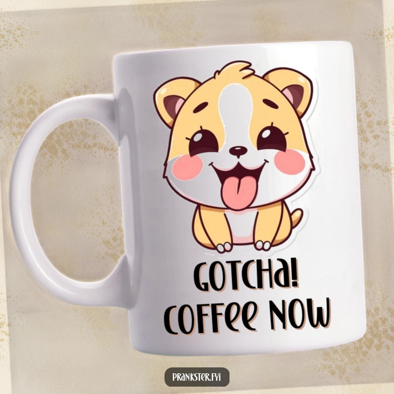 Funny Mug featuring a happy animal sticking its tongue out playfully after a prank, a perfect funny gift.