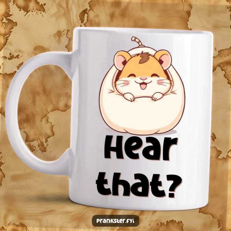 Funny mug with a giggling hamster character peeking out from a whoopee cushion, perfect for pranksters and humor lovers.