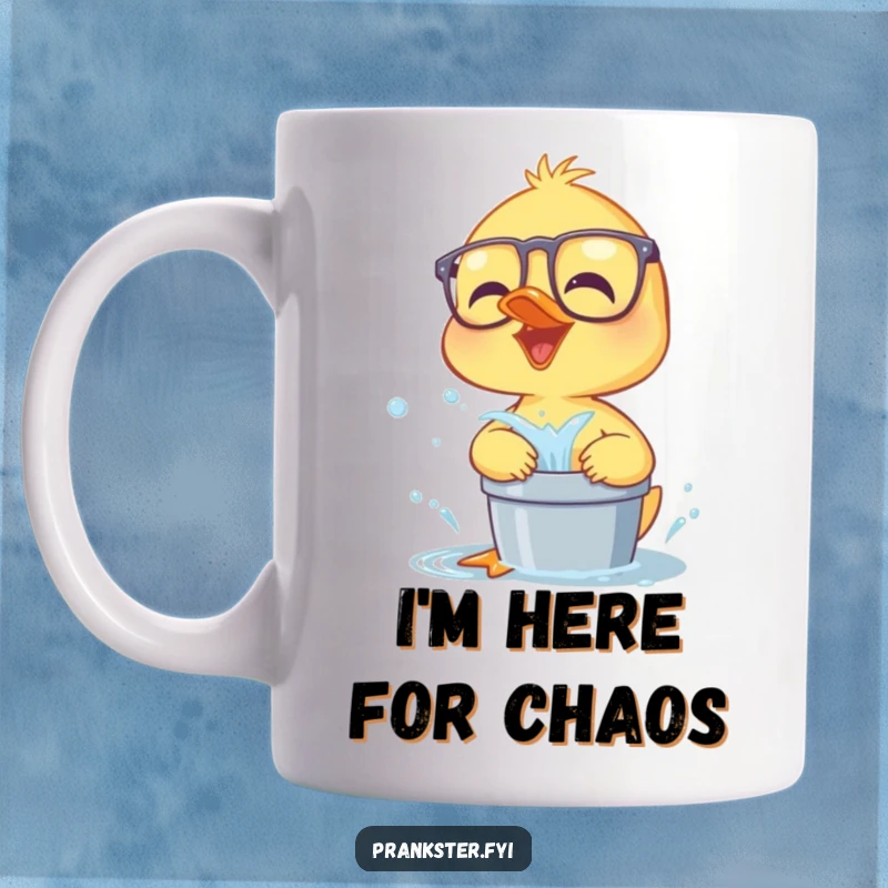 Funny duckling wearing large glasses, giggling mischievously as it prepares to splash water from a bucket, perfect humorous gift.