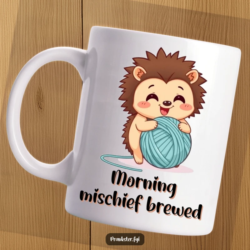 Funny mug depicting a joyful hedgehog enthusiastically rolling a large ball of yarn, radiating pure, cozy happiness.