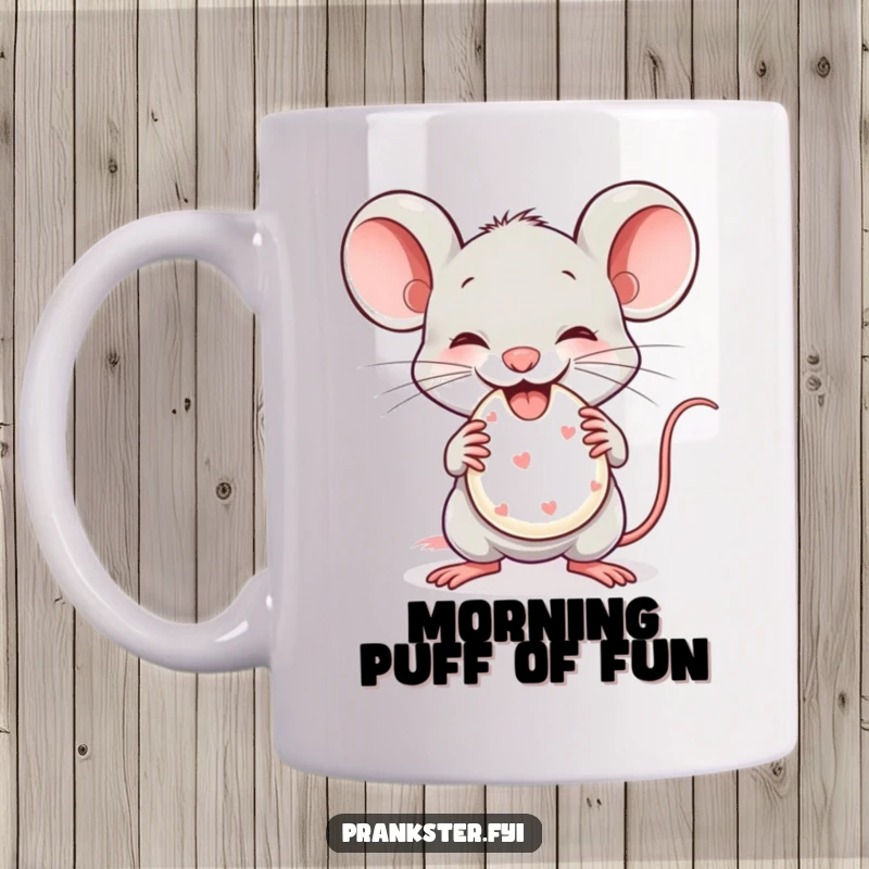 Funny Mug featuring a mischievous mouse gleefully holding a tiny whoopee cushion with a cheeky grin.