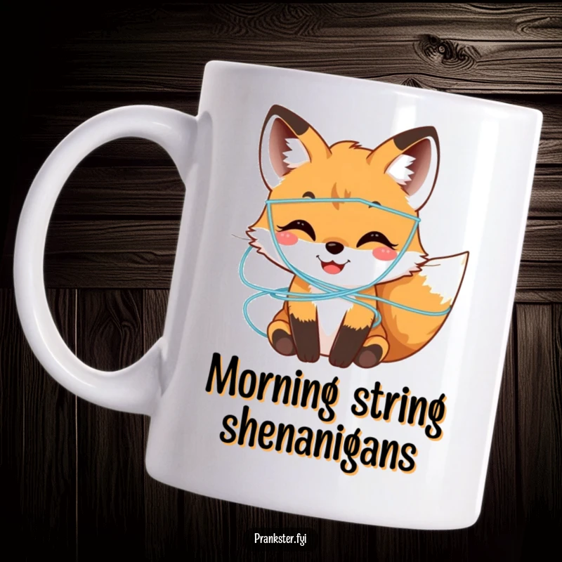 Funny Mug depicting a smiling fox cub playfully covered in colorful, harmless silly string.