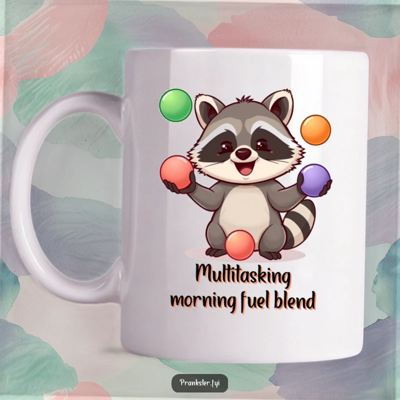 Funny Mug showing a jolly raccoon expertly juggling three colorful balls with a wide, happy grin.