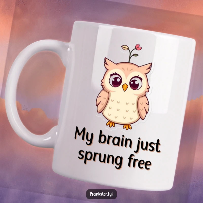 Funny mug featuring a wide-eyed, surprised owl with a spring popping comically from its hat, expressing pure, unexpected amusement.