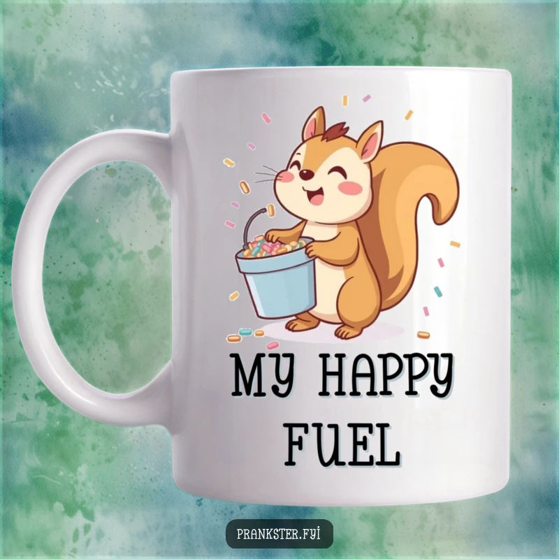 Funny squirrel mug with a playful character holding a bucket of confetti, ready to toss it upwards.