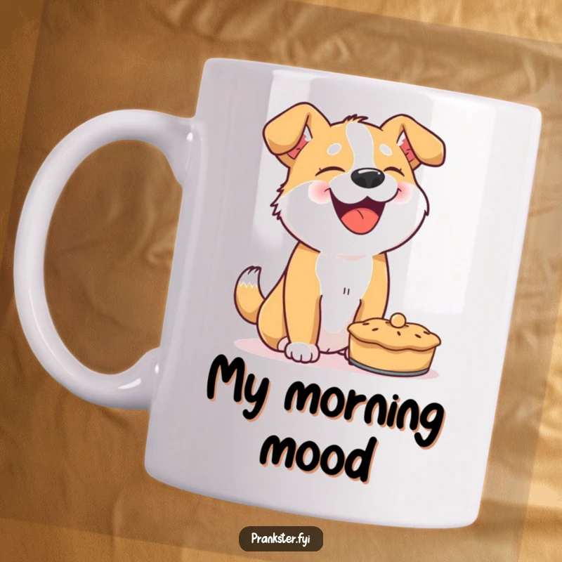 Funny dog mug, giggling canine about to throw a pie, embodying playful mischief and hilarious anticipation for a gift.