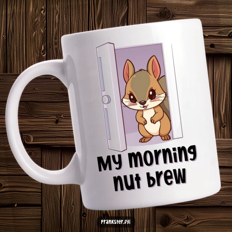 Funny mug showing a sneaky squirrel peeking from behind a partially opened door, embodying curiosity.