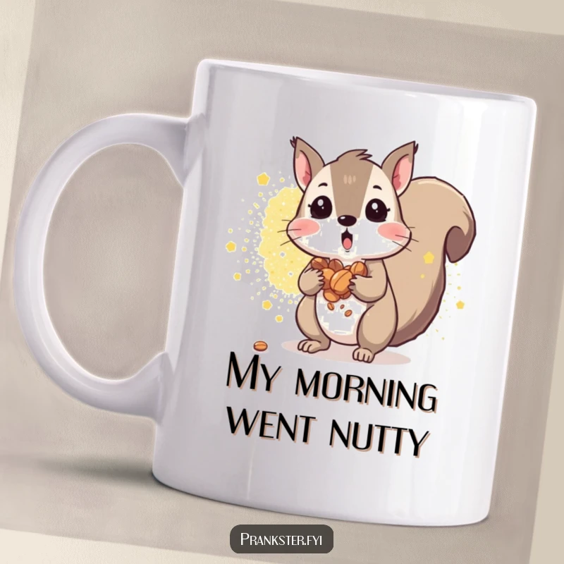 Funny squirrel mug with cheeks full of nuts spilling out, amidst a glitter explosion, symbolizing surprise and abundance. A great gift.